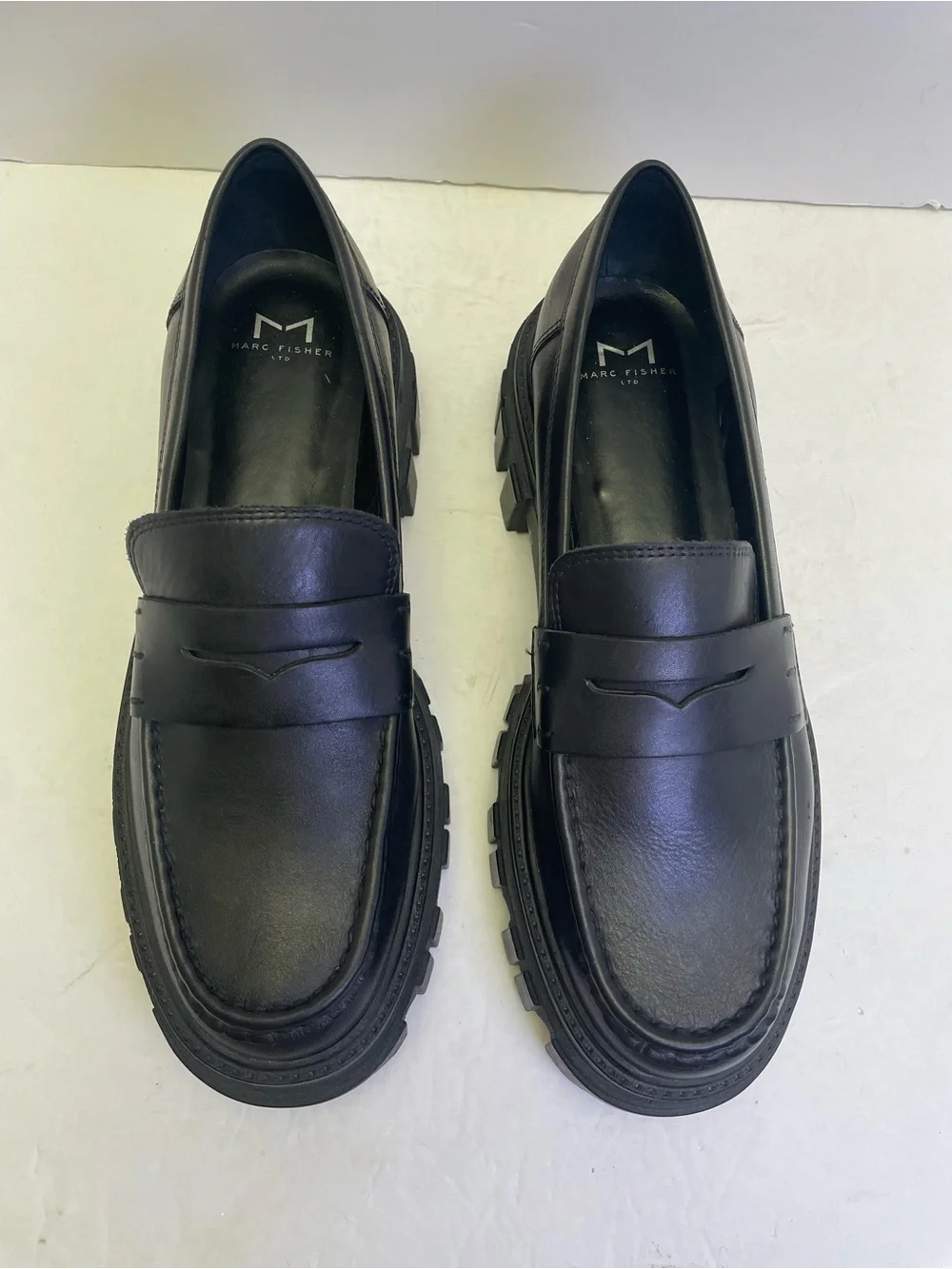 Marc Fisher Morris Lugsole Chunky Y2K Platform Leather Loafer Shoe Black Sz 9